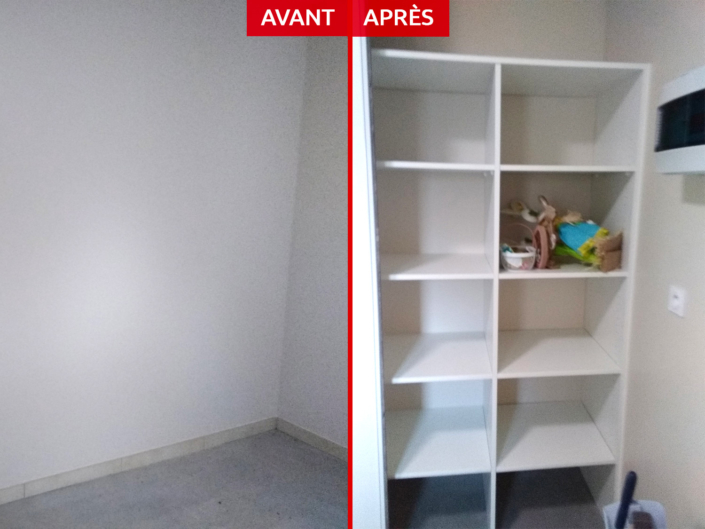 Avant/Après Pose intérieur étagère en mélaminé blanc et fixation des façades de placard - Menuiserie Manu Barraud